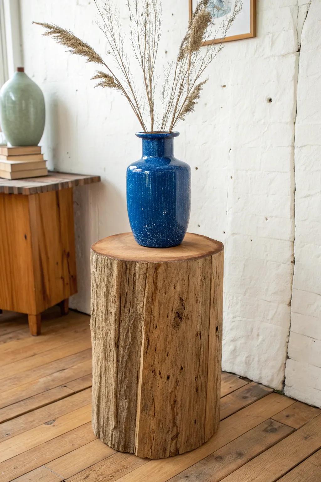 Sealed tree stump pedestal turns one bold piece into a rustic, gallery-style spotlight.