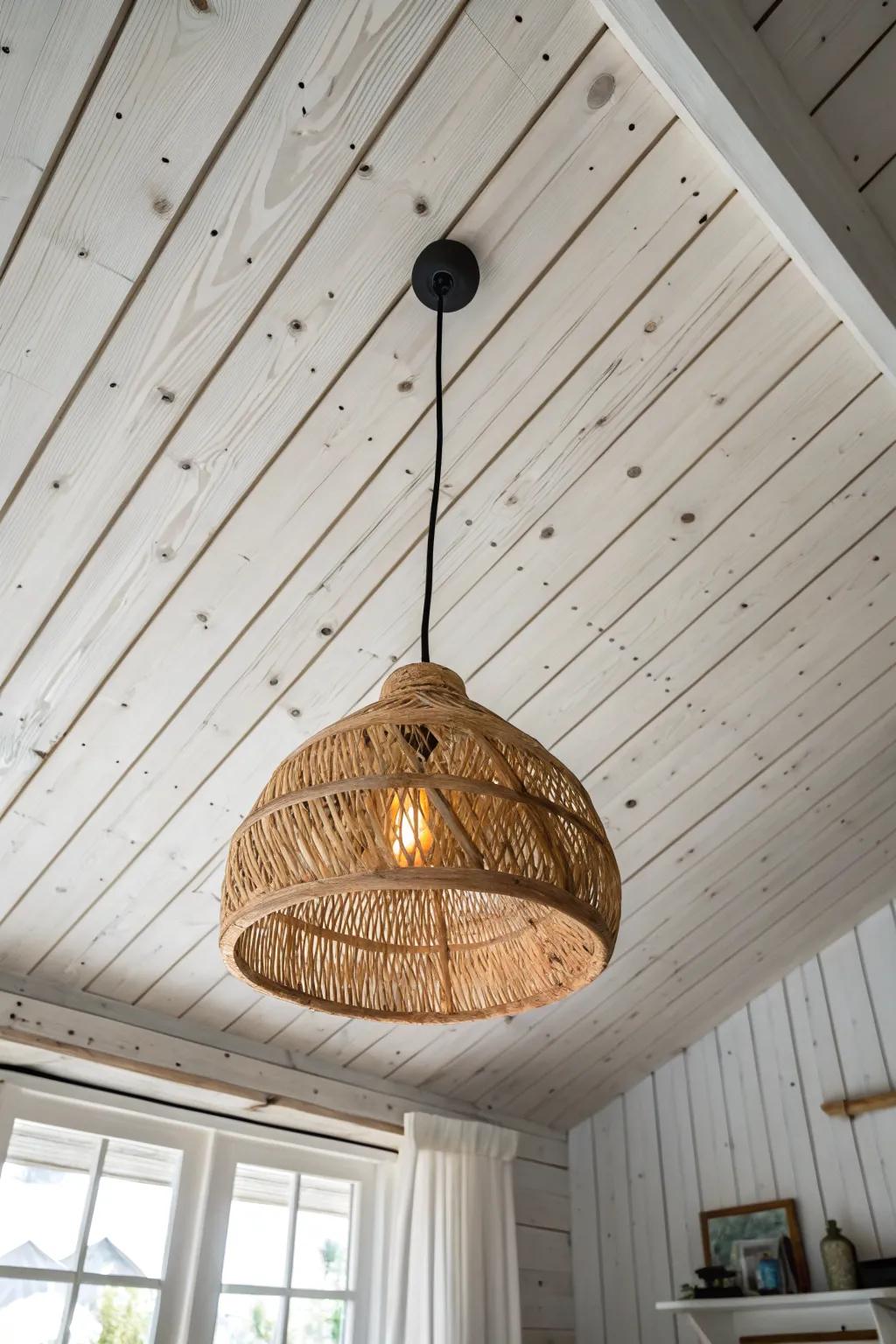 Rustic shiplap overhead + a woven pendant creates cozy, full-body texture in a calm Nordic room.
