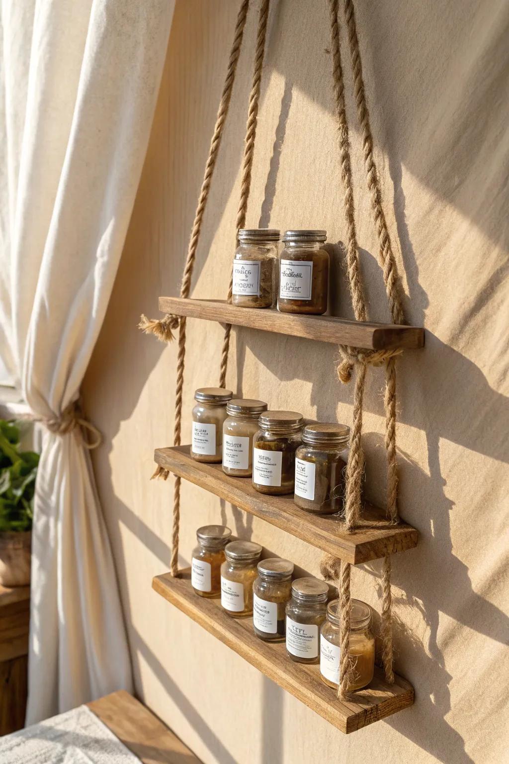 Rustic rope-hung spice rack in light oak—minimal, boho, and beautifully handmade.
