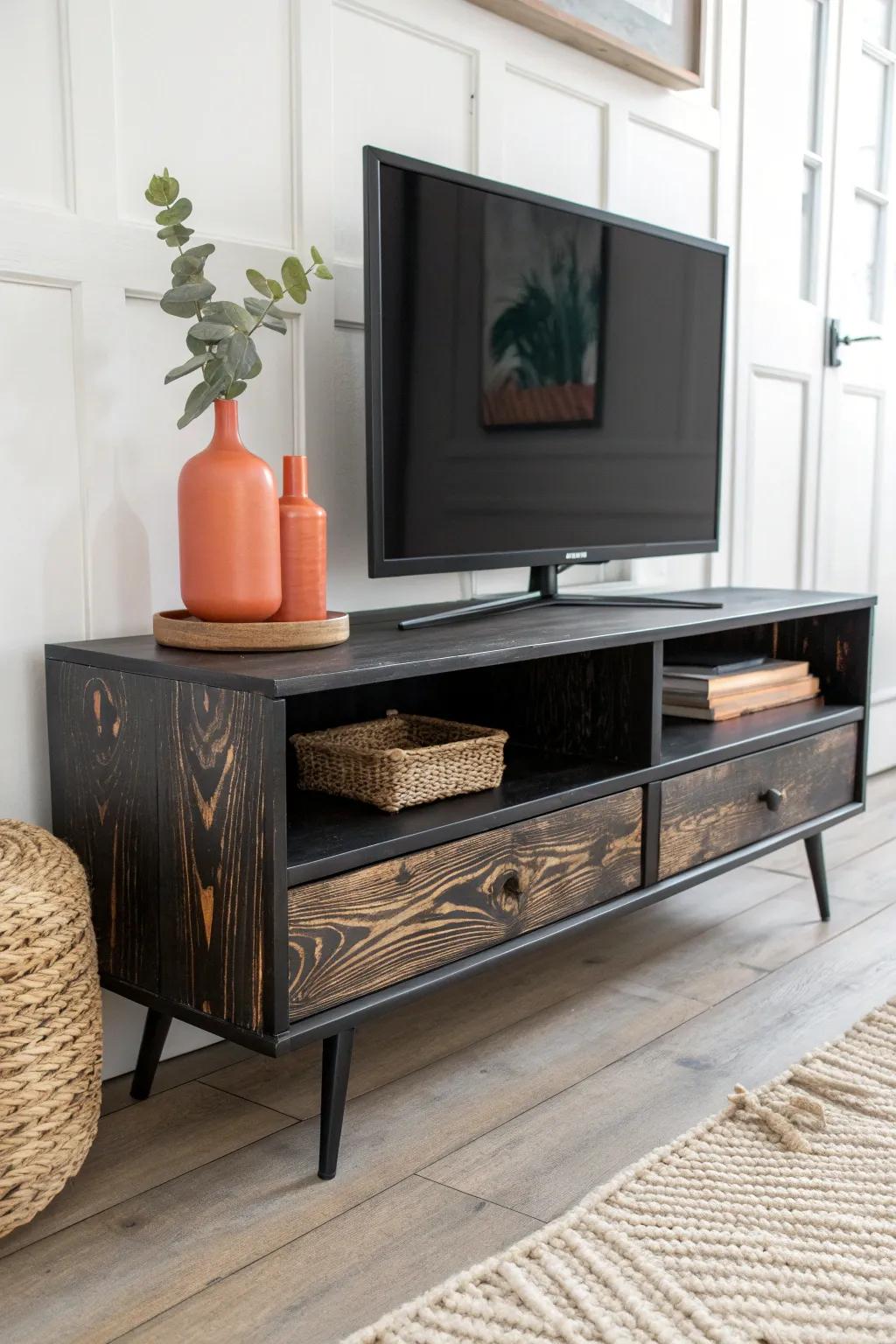 Charred-finish rustic TV stand: bold, handmade, and beautifully minimal with rich grain.