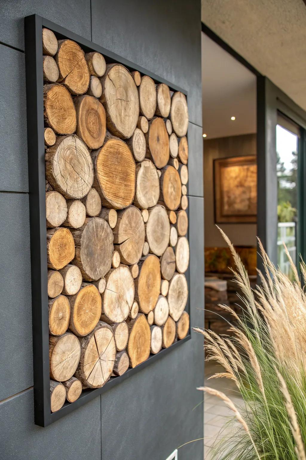 Matte-sealed wood slice wall tiles—raw bark edges, bold texture, and instant rustic charm.