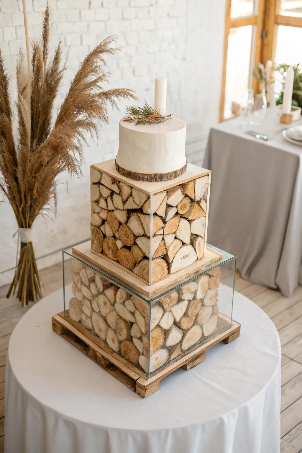 Firewood stack cake table with a sleek glass top—rustic warmth meets minimalist elegance.