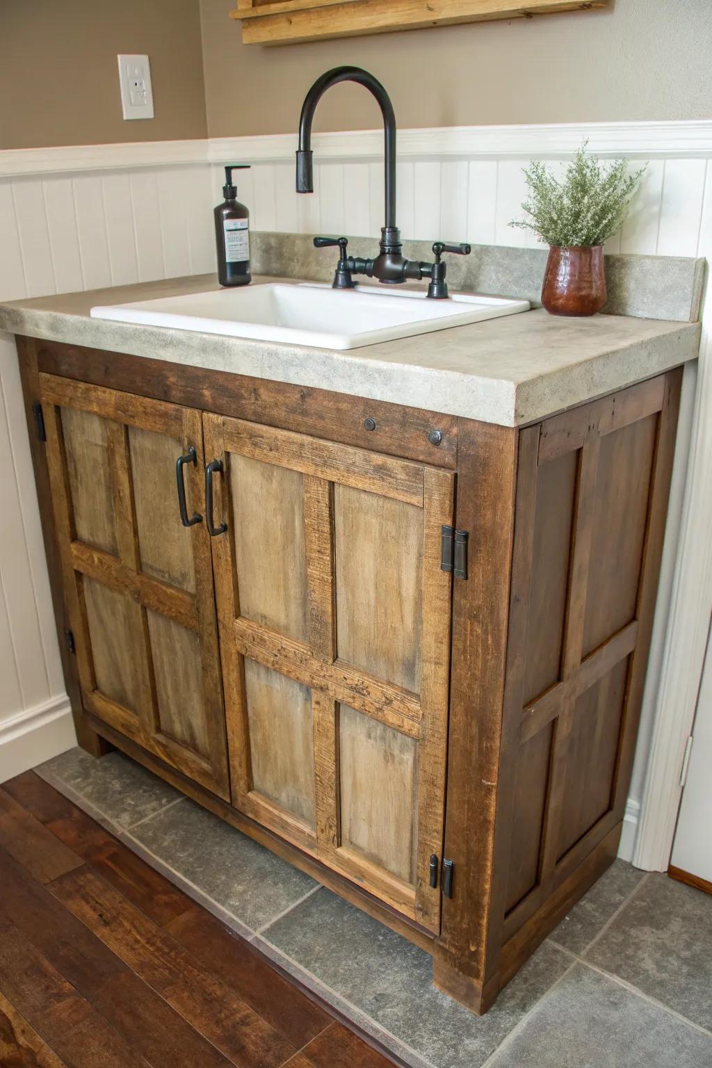 Salvaged door wet bar counter: bold grain, clean sink cutout, and timeless rustic charm.
