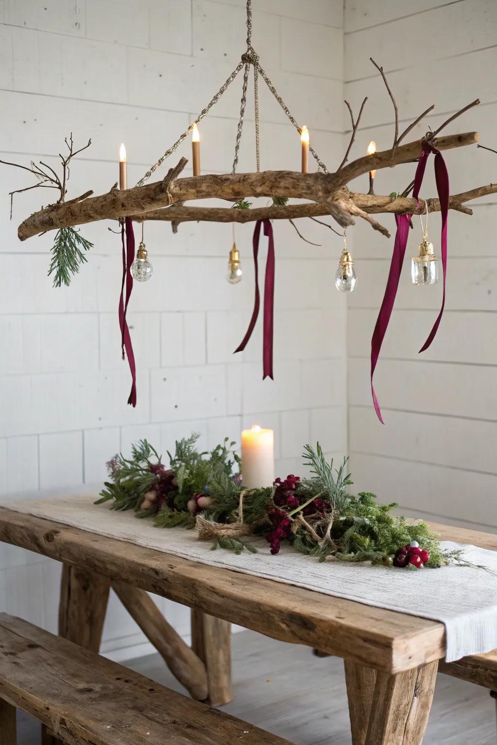 Whittled branch chandelier with warm lights—instant cozy winter-lodge magic for your head table.