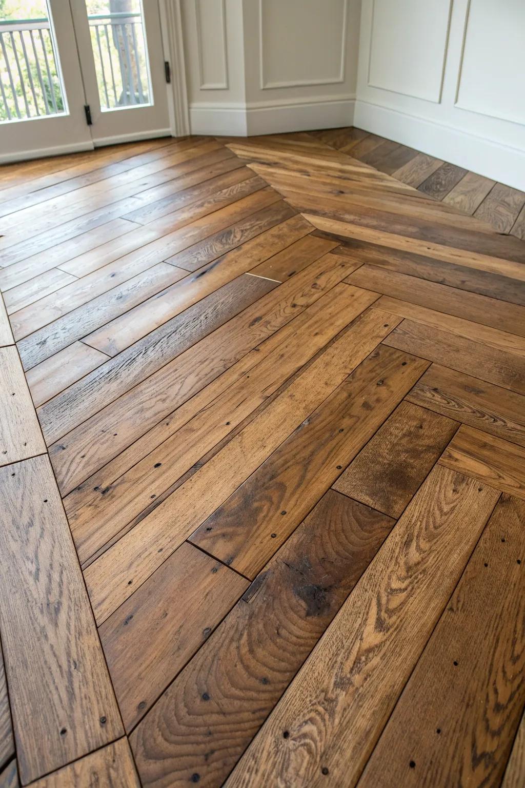Diagonal rustic planks add movement and warmth—simple, handcrafted, and effortlessly bold.