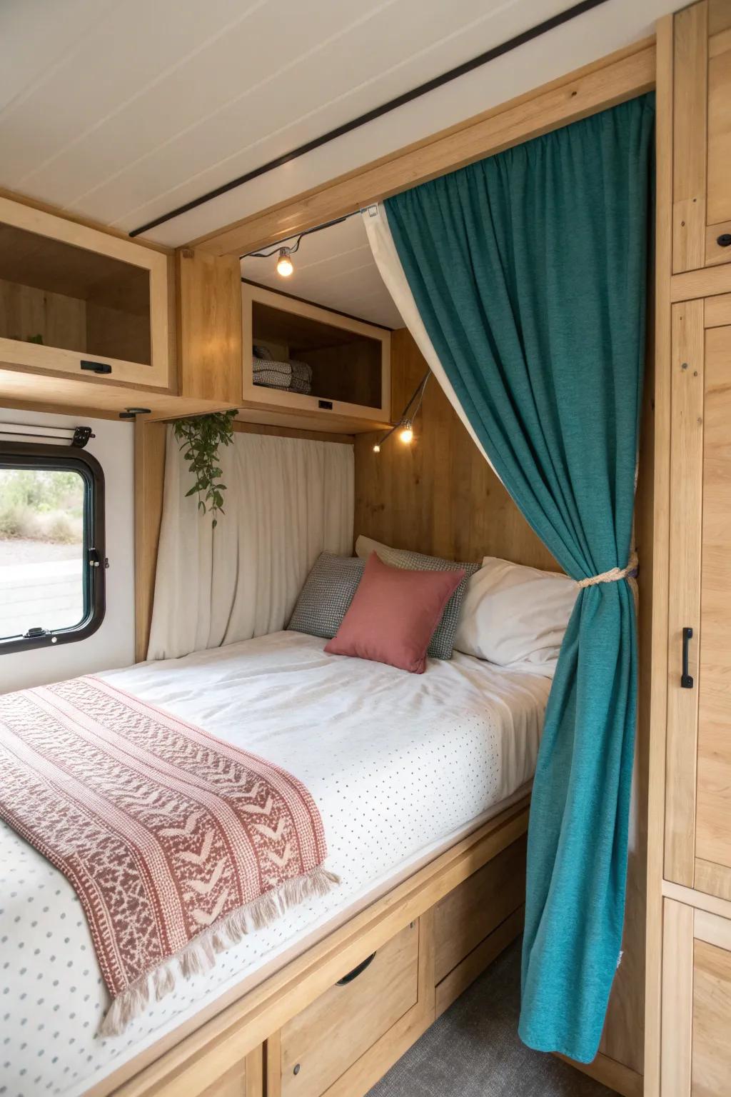 Cozy cab-over RV bed with a handmade wood valance and soft canopy curtain—instant warmth.