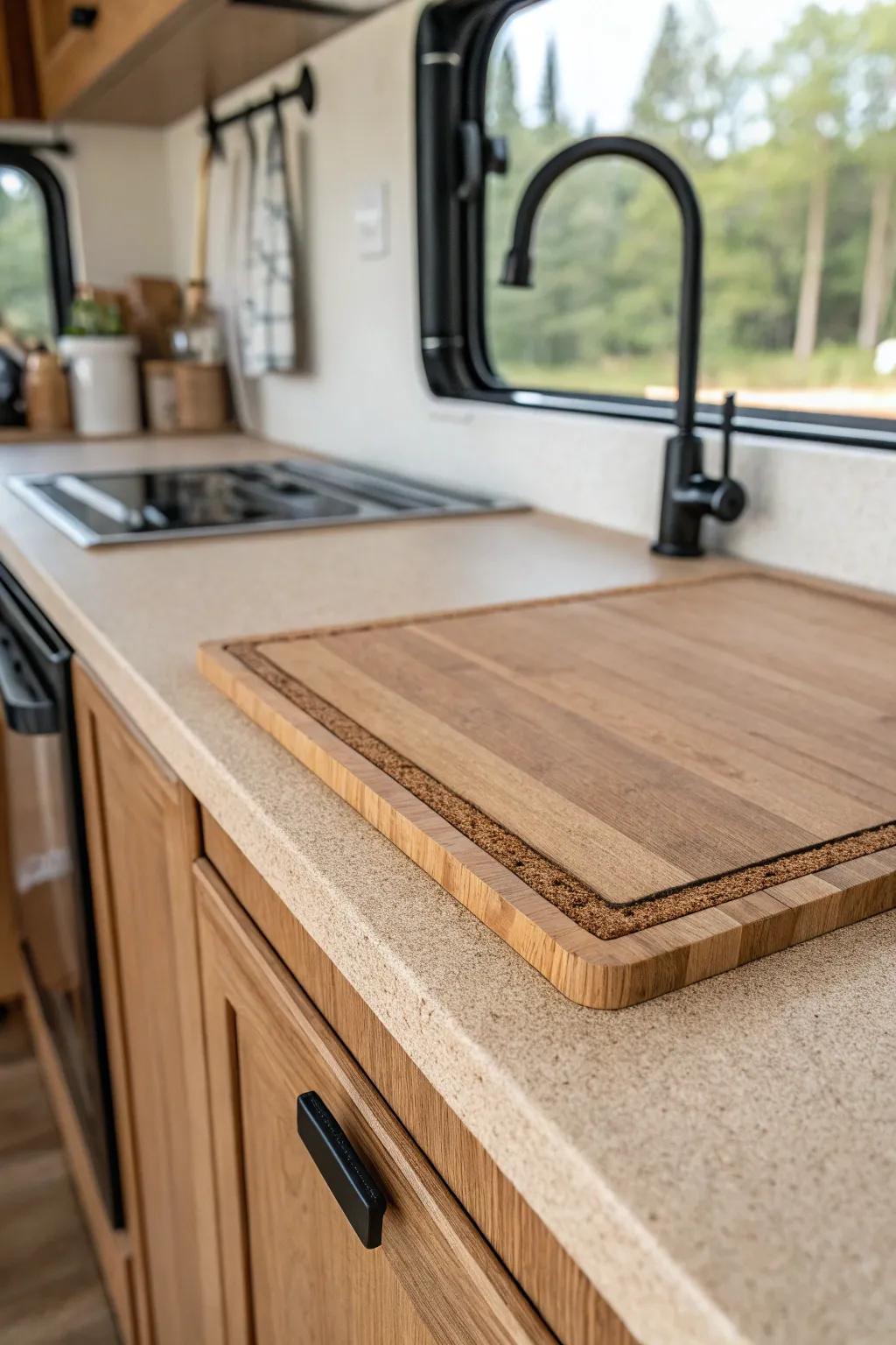 Cork-inlaid wood RV countertop: a quiet, non-slip drop zone with warm minimalist style.