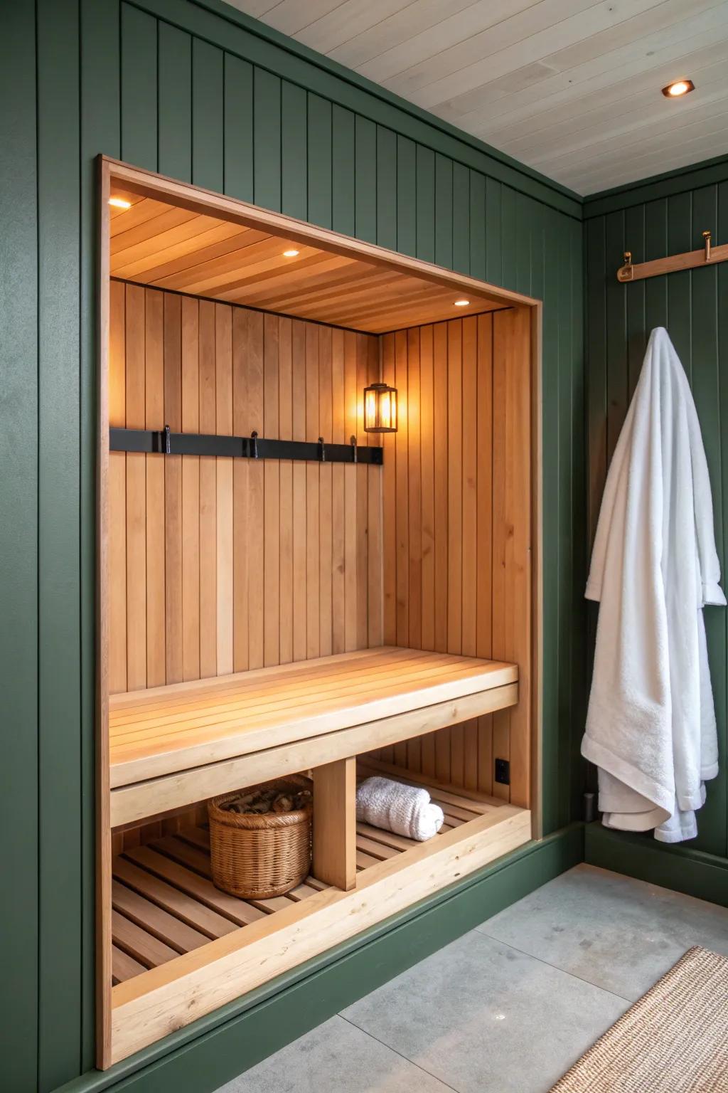 Closet-to-sauna magic: a snug cedar bench with tight joinery and spa-worthy warmth.