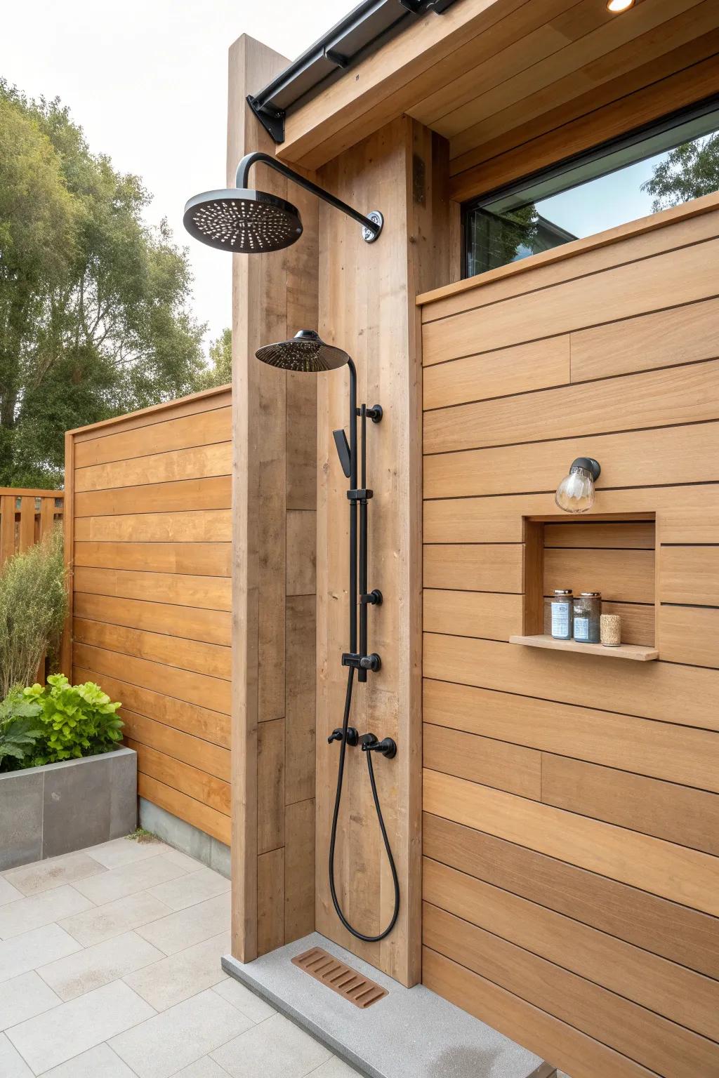 Two showerheads, one sleek wood column—perfect for hot sauna steam then a cool ritual rinse.