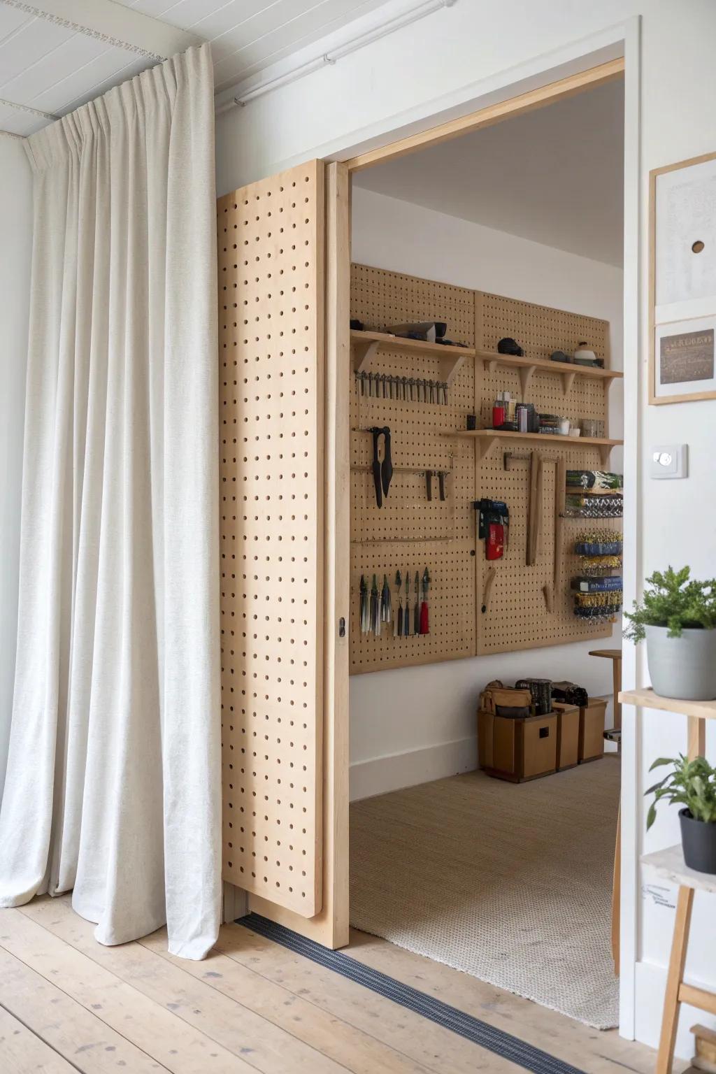 A pegboard wall that swings open—tools on display, a hidden room quietly revealed.