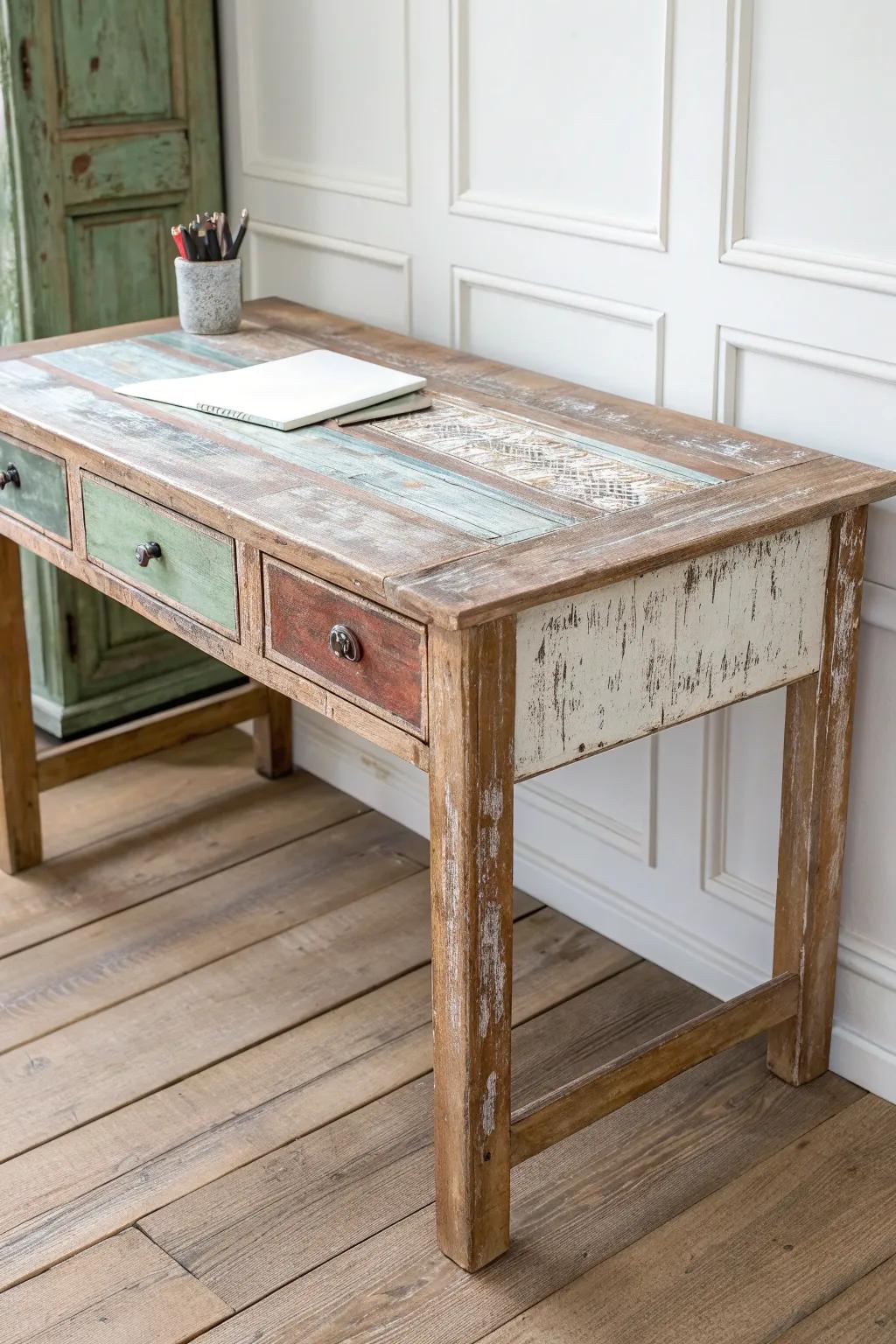 Turn a salvaged paneled door into a patina-rich desktop—shabby chic history with clean contrast.