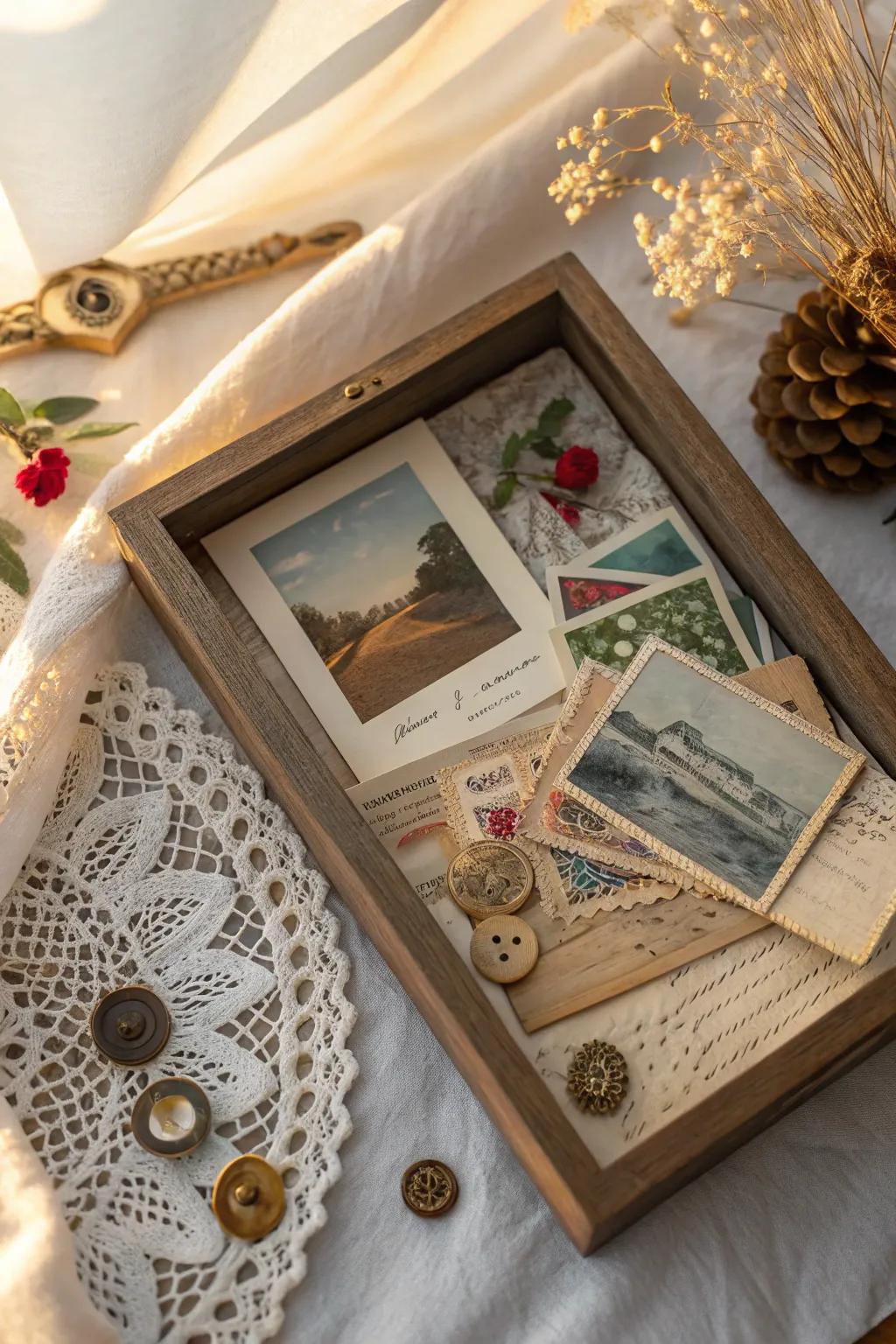 Step into the past with a vintage shadow box that tells a story of forgotten treasures.