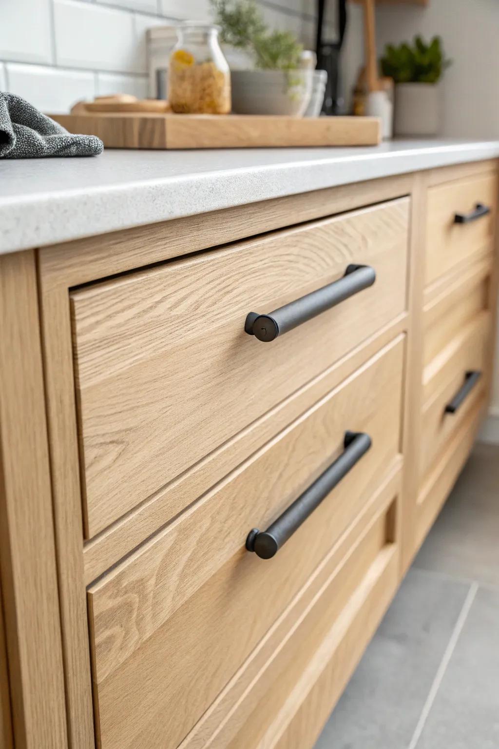 Oversized pulls on deep Shaker drawers—bold contrast, effortless grip, crafted simplicity.