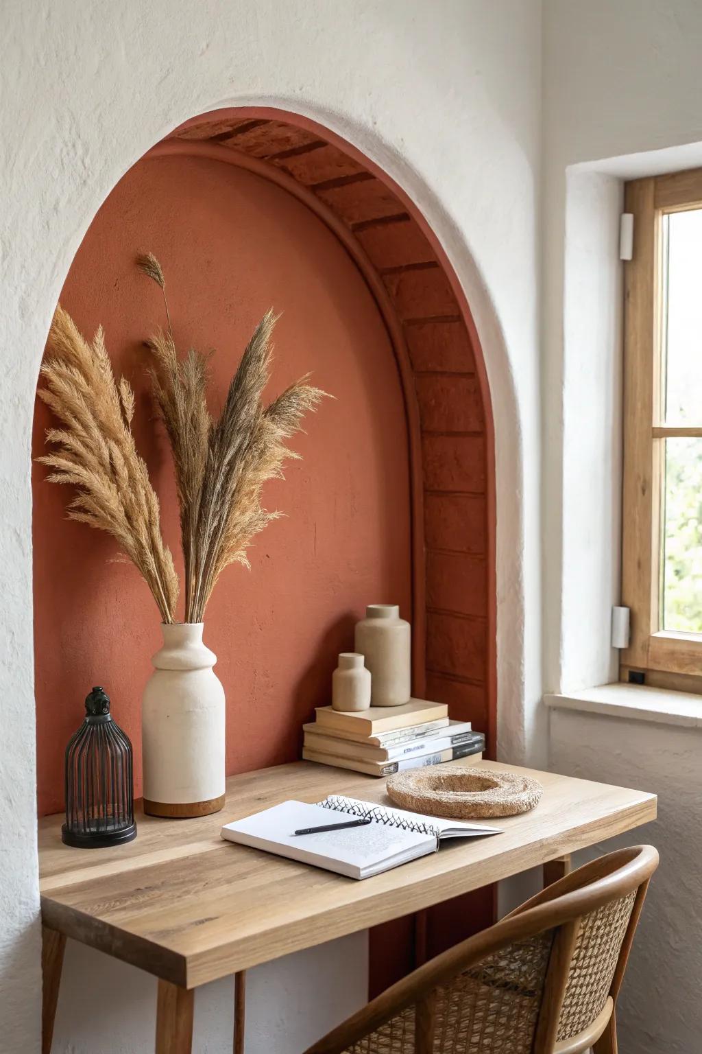 Frame your desk with a terracotta arch and a sleek wood shelf for instant styled impact.
