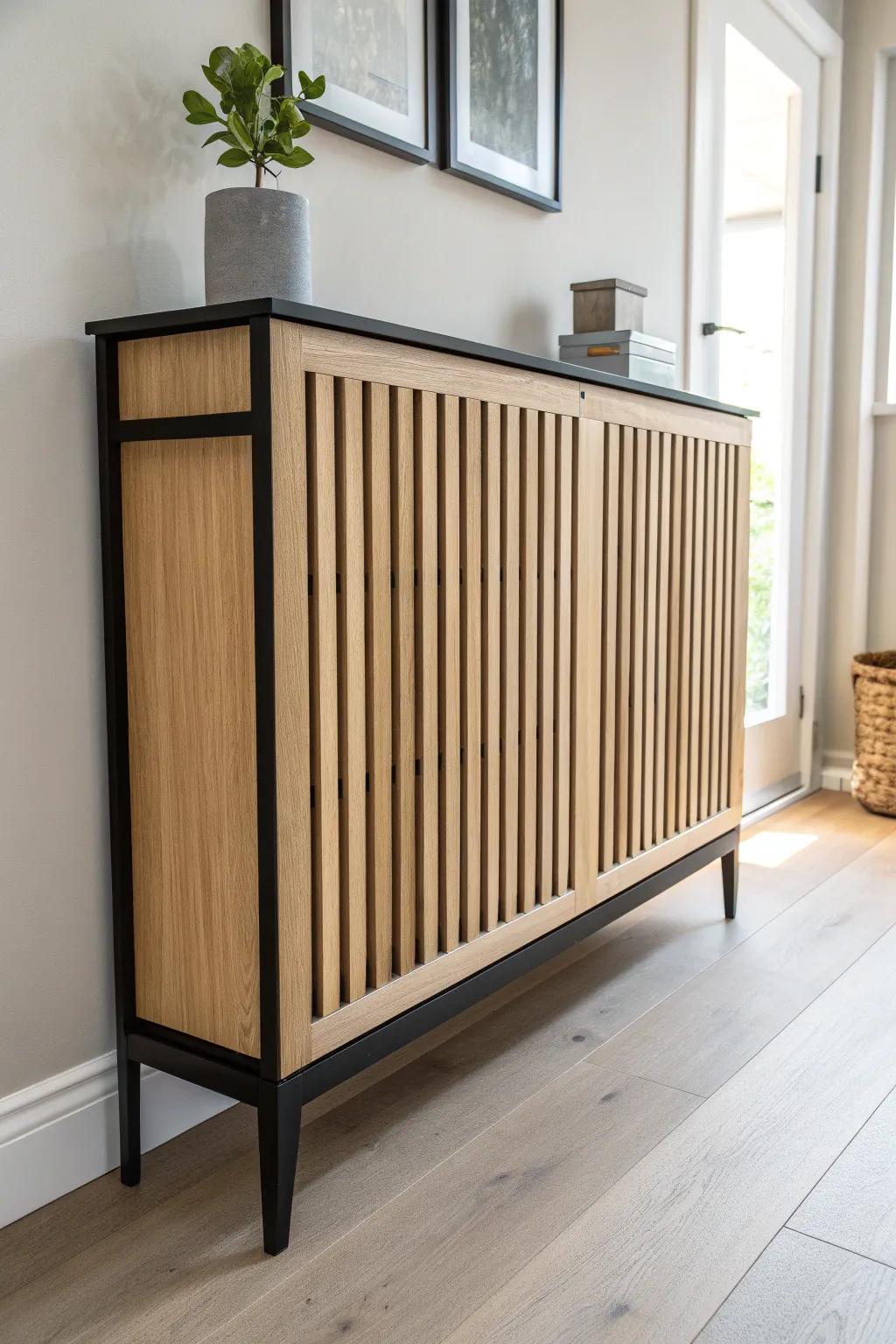 DIY slatted wood screen cover—turn a plain utility shelf into modern farmhouse perfection.