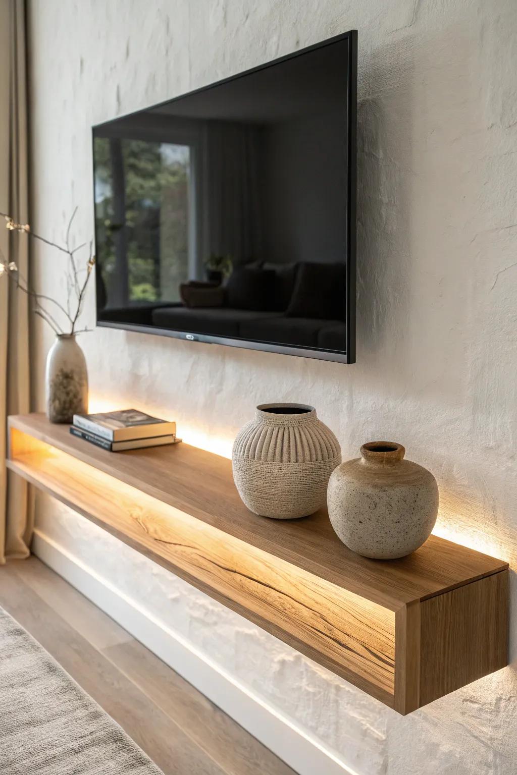 A floating oak shelf with hidden warm LED glow—simple, cozy, and instantly high-end.
