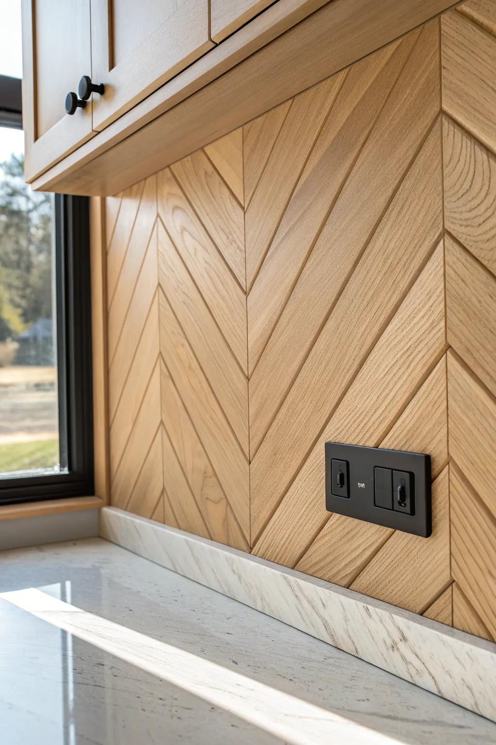 Diagonal shiplap backsplash in warm oak—fresh, custom, and effortlessly modern.