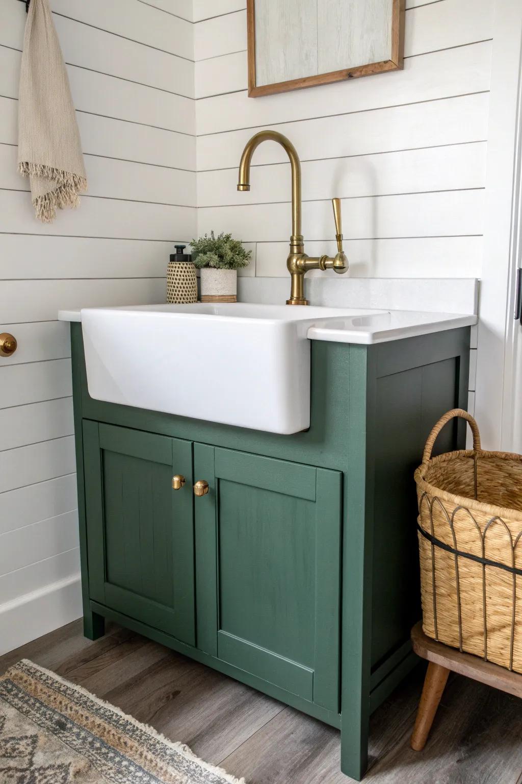 Sealed shiplap backsplash makes this utility sink wall mudroom-ready and beautiful.