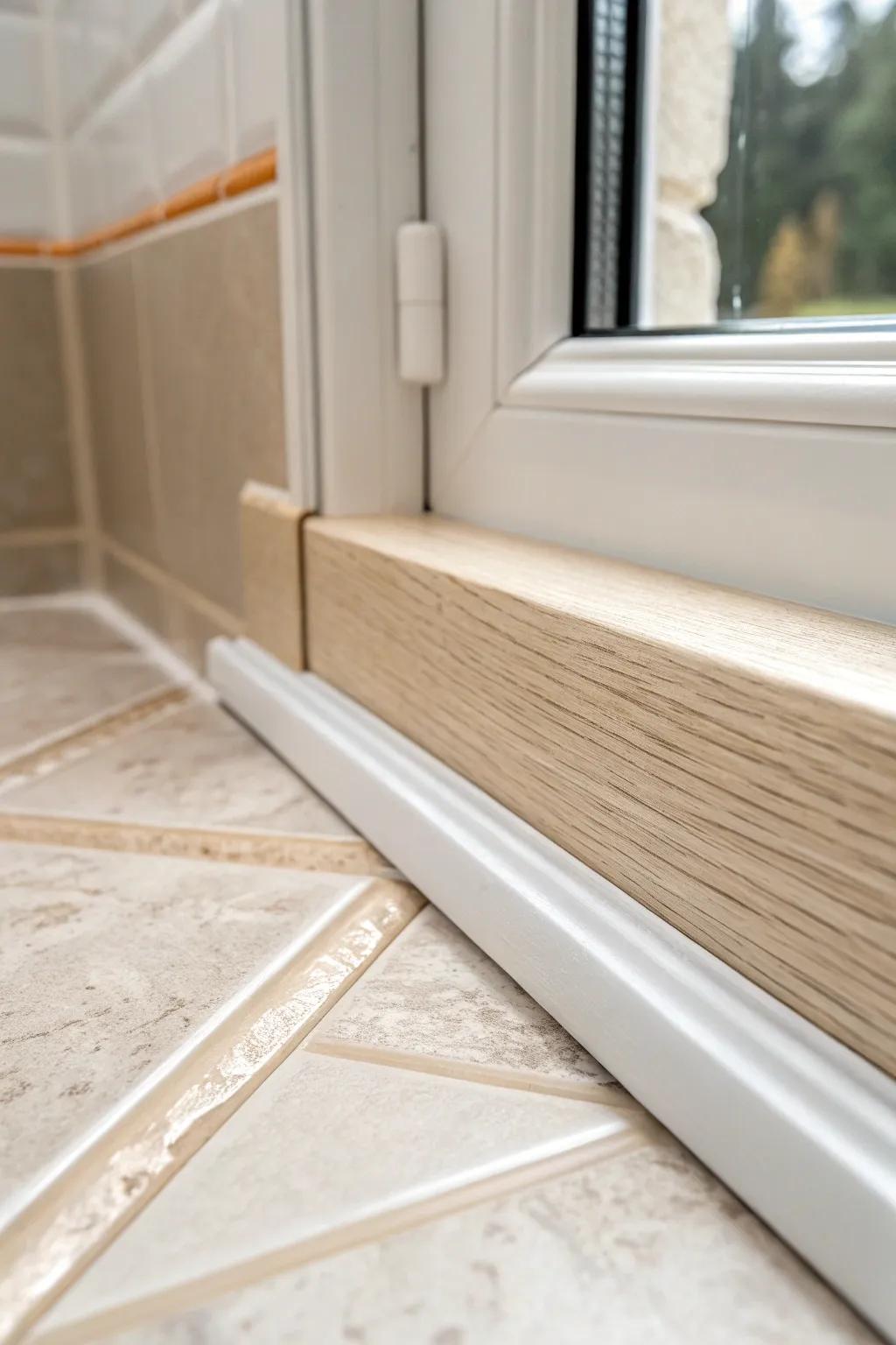 A crisp oak trim edge that protects shiplap where it meets tile—clean, sealed, and timeless.