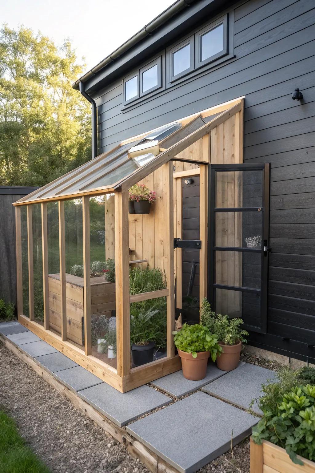 A cedar lean-to greenhouse that softens the shouse—sunlit, minimal, and beautifully crafted.