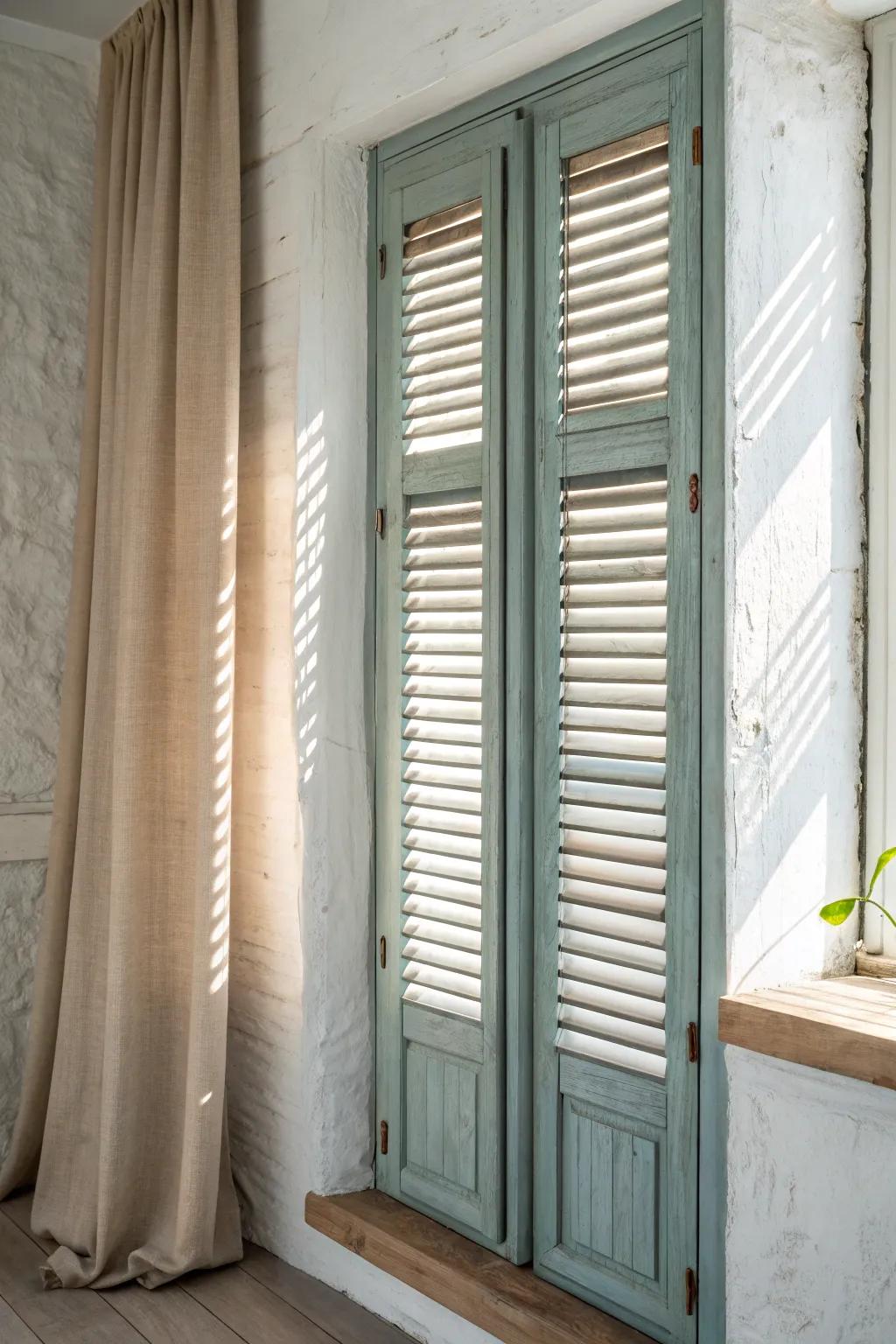 Soft dusty-blue, color-washed wood shutters—calm, bright, and effortlessly handcrafted.