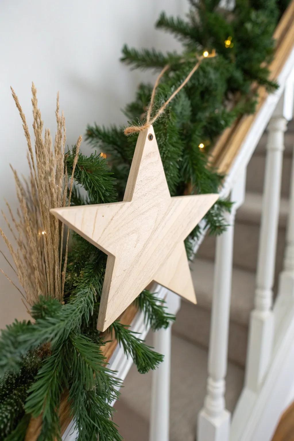 Hand-sanded plywood star tucked into banister greenery—simple, warm, and beautifully handmade.