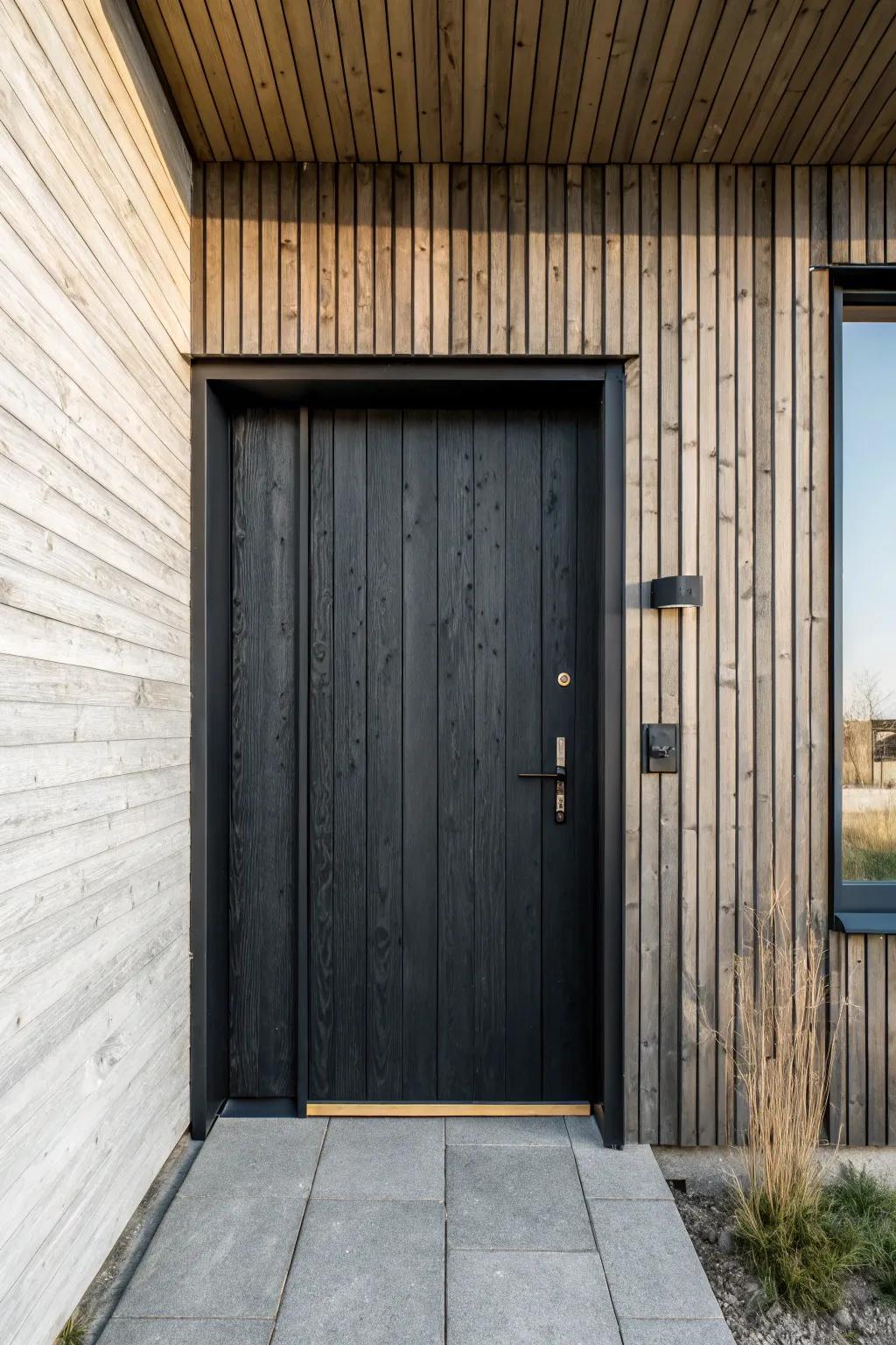 Moody shou sugi ban single door—matte texture and warm brass contrast, beautifully minimal.