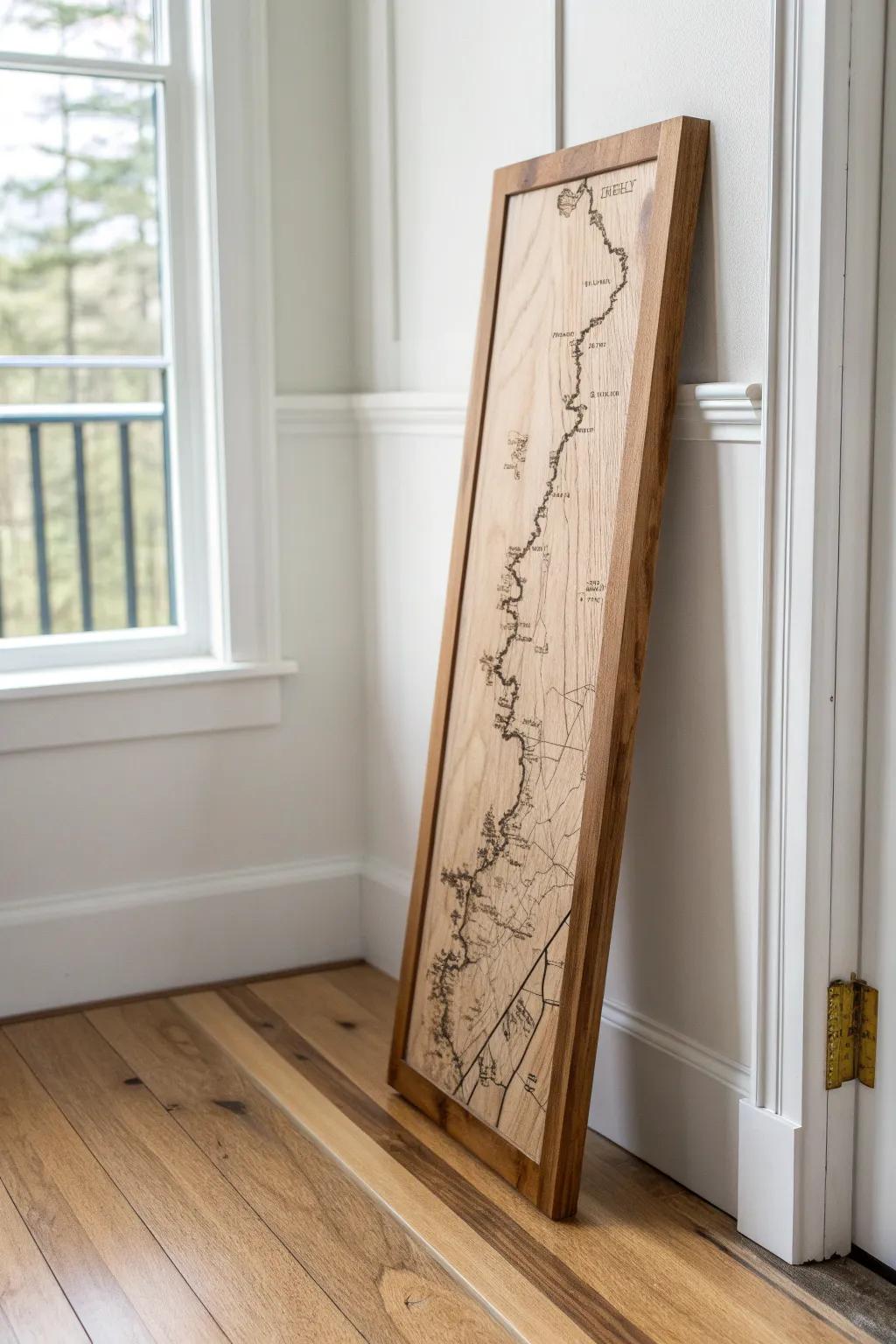 Wood-burned trail map panel with crisp contour lines—minimal, rustic, ski-lodge wow.