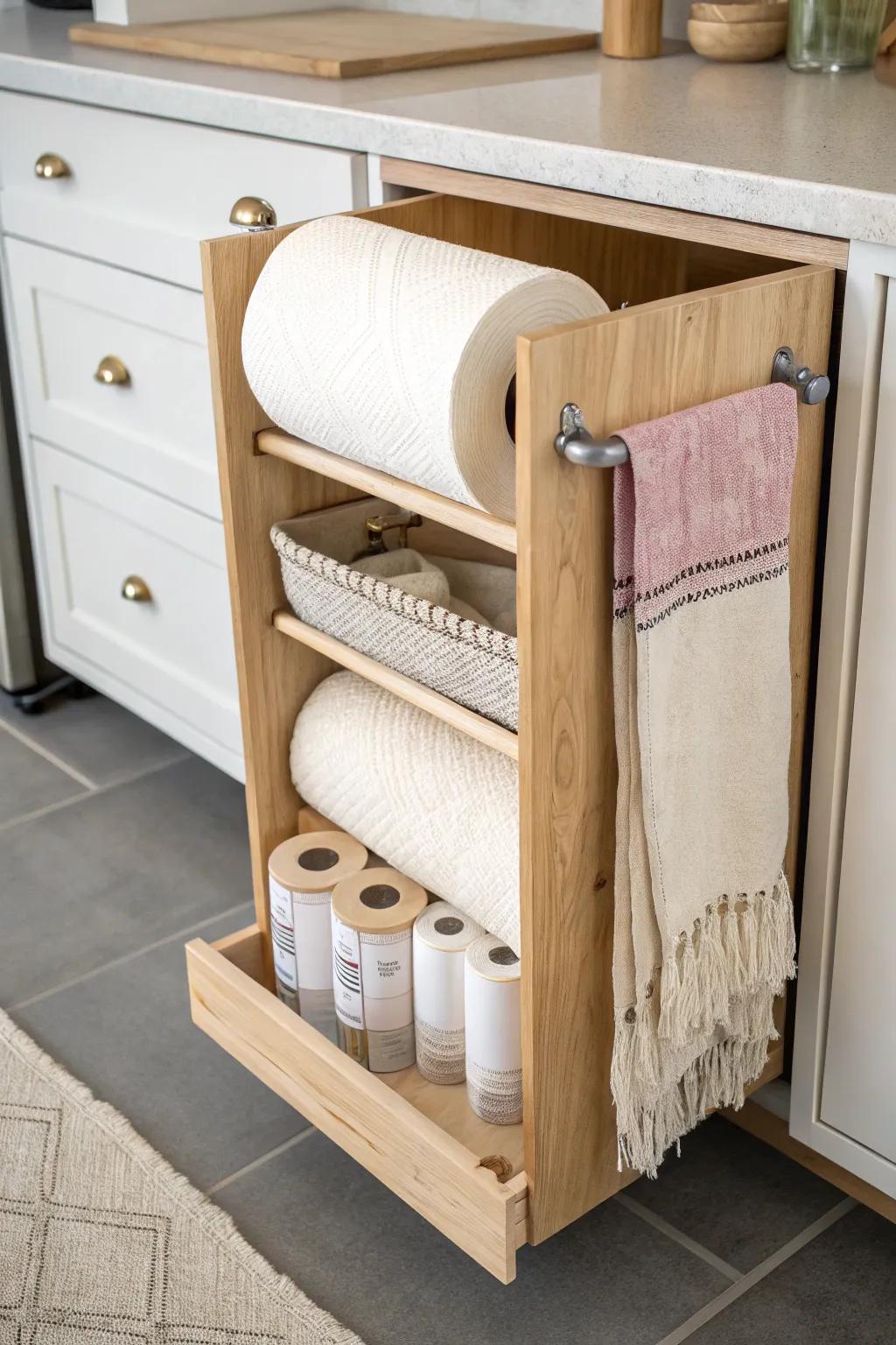 Roll-out skinny cabinet organizer for wraps + towels—clean unrolling, zero crushed boxes.