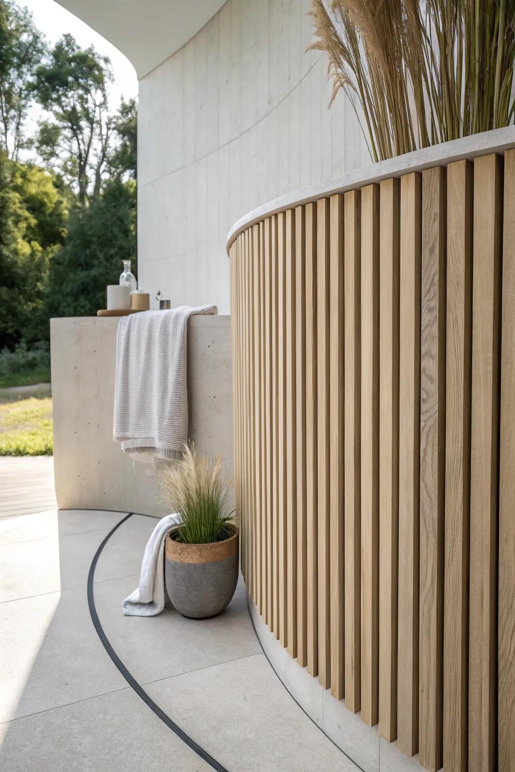 A sculptural curved slat wall wrap turns a plain bathroom corner into a warm, modern statement.