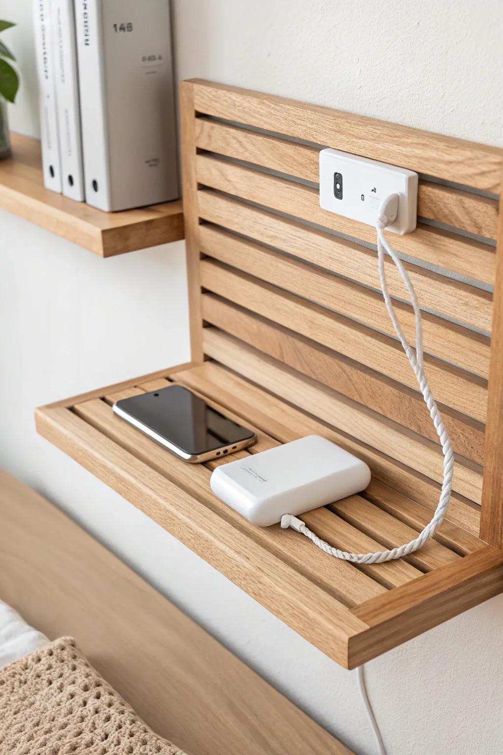 A slat wall charging shelf with cable pass-through—no more tangled “charger spaghetti.”