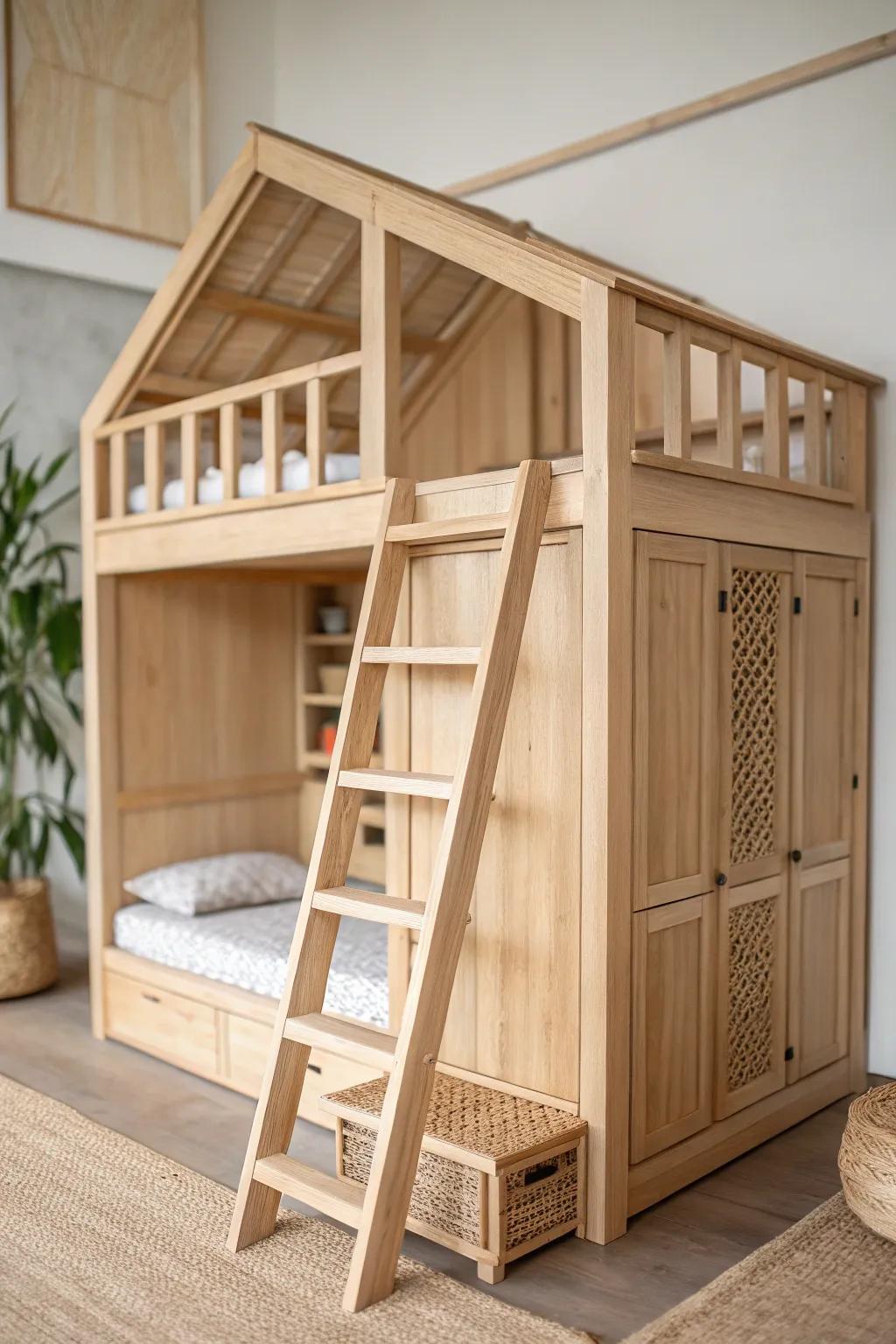 Double sleeping lofts with separate landings—smart, airy design for shared family spaces.