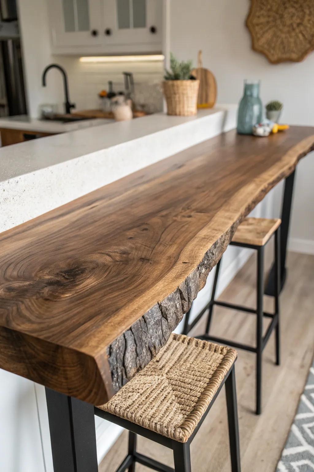 Live-edge walnut slab bar top—minimal, bold contrast, and a true conversation piece.