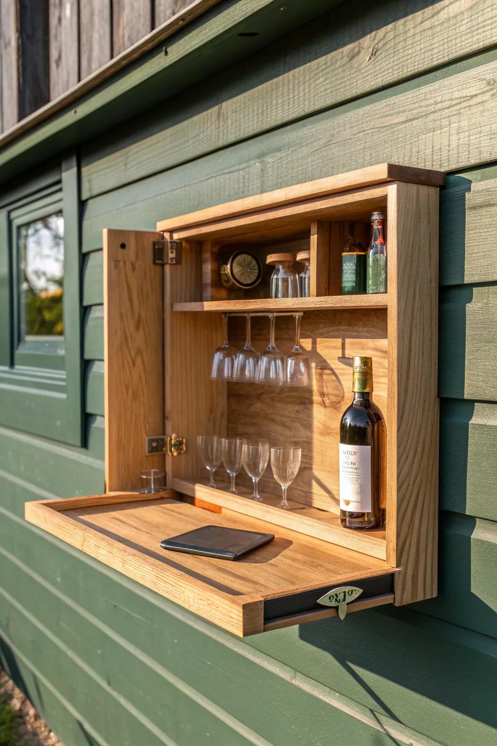 Fold-down patio micro bar: handcrafted oak ledge that stores flat and opens for golden-hour drinks.