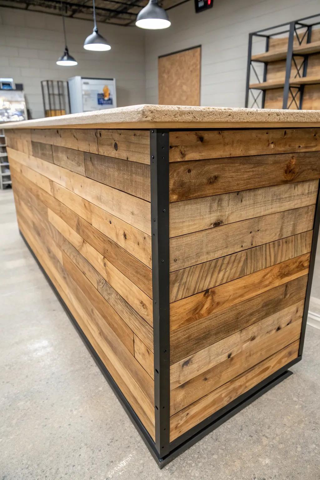 Reclaimed planks wrap a small bar front with cozy texture and bold, modern contrast.