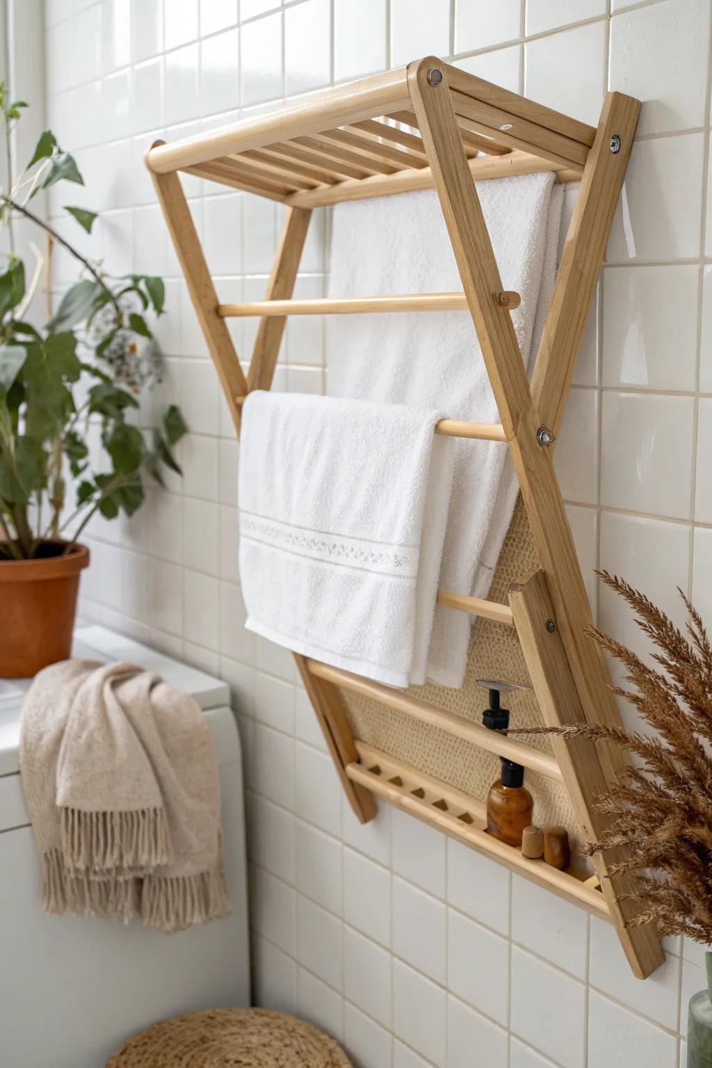 Space-saving fold-down wooden drying rack—minimal, boho-soft, perfect for tiny bathrooms.