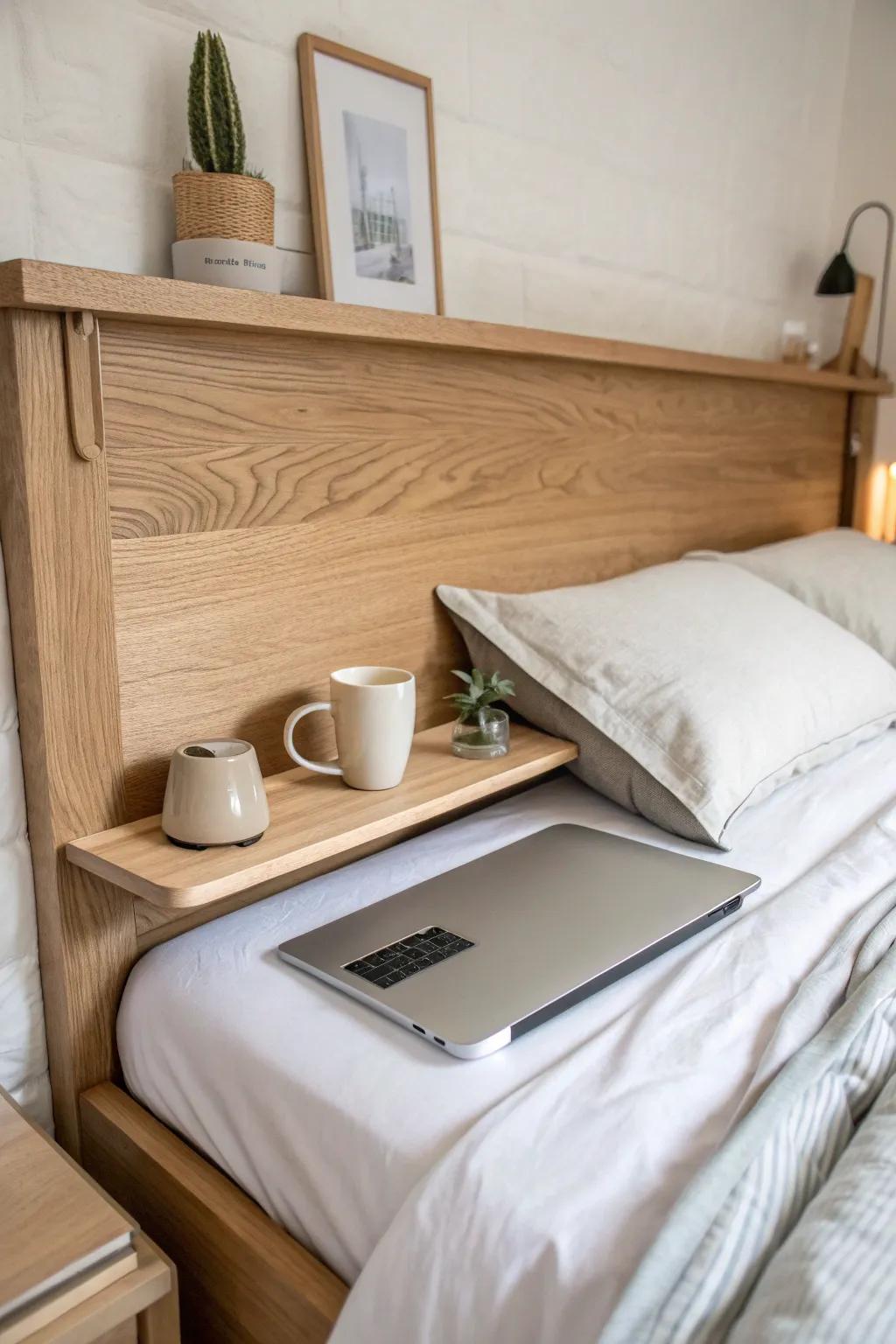 A headboard extension shelf becomes a sleek laptop ledge—perfect for quick emails in bed.