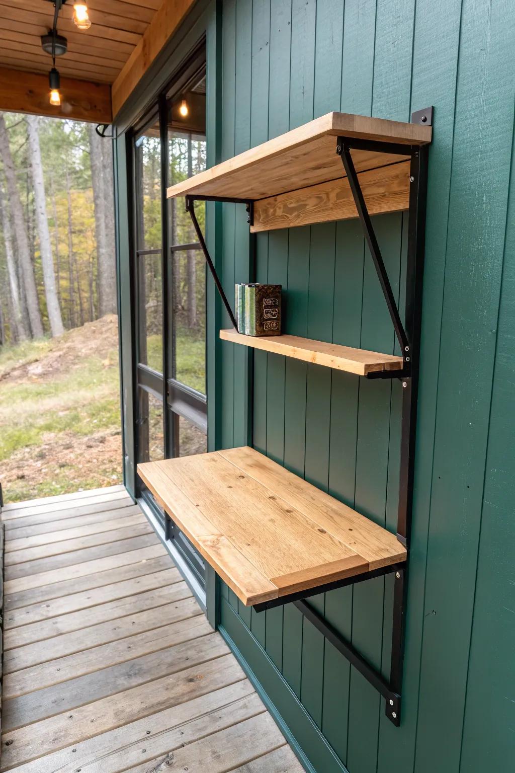 A fold-down wood shelf makes a tiny breezeway perfect for quick potting or package sorting.