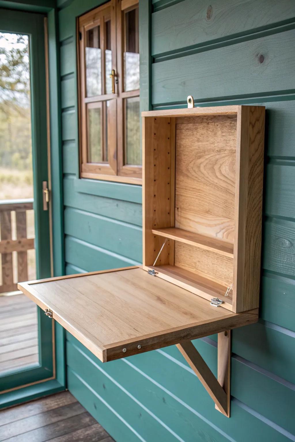 Space-saving fold-down wall table—warm oak, brass hinges, bold teal wall for contrast.