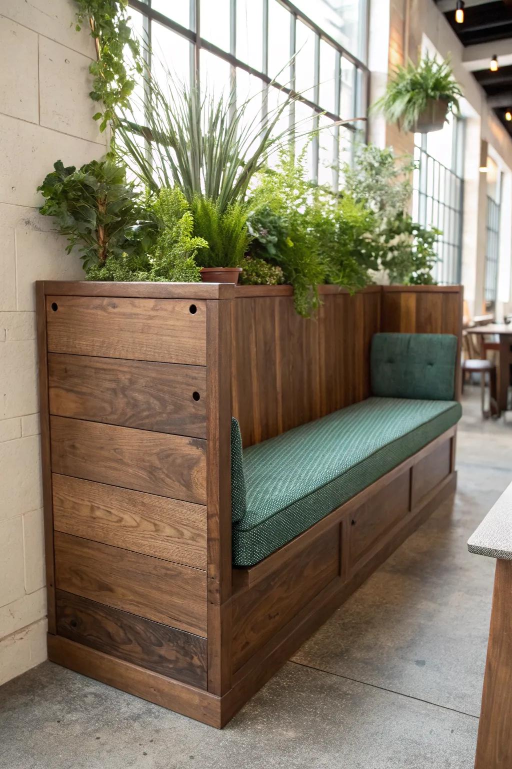 Reclaimed-wood banquette divider with lush planter ledge—smart zoning for tiny cafés.