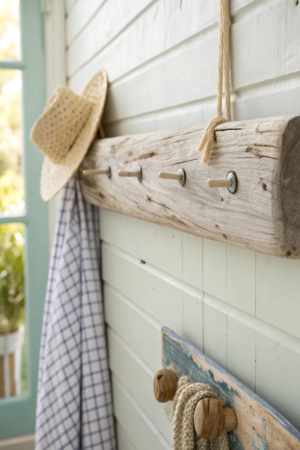 Driftwood-inspired wall hooks for a calm coastal bedroom—minimal, handmade, and beautifully practical.