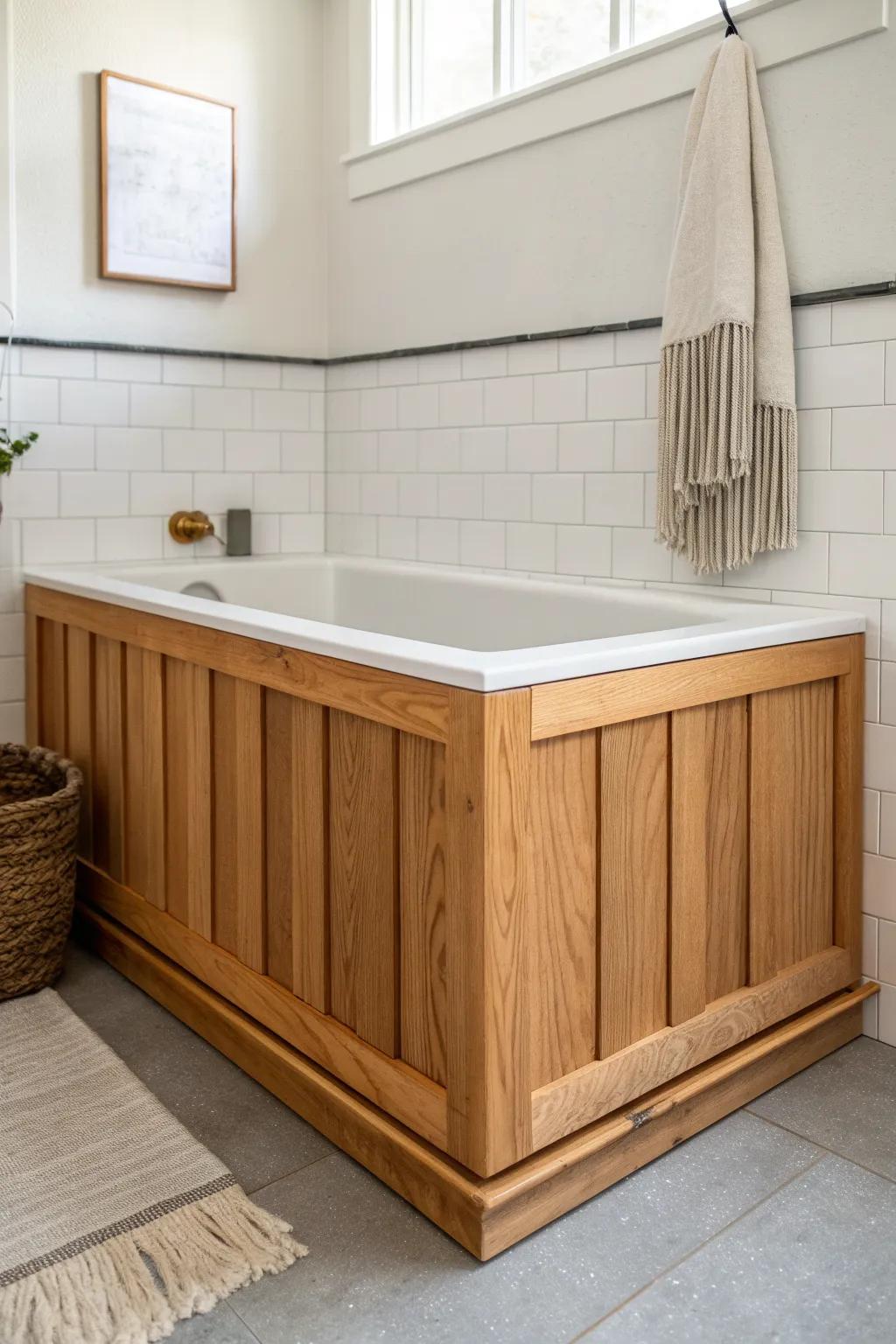 A Craftsman tub skirt with a discreet access panel adds built‑in charm to small bathrooms.
