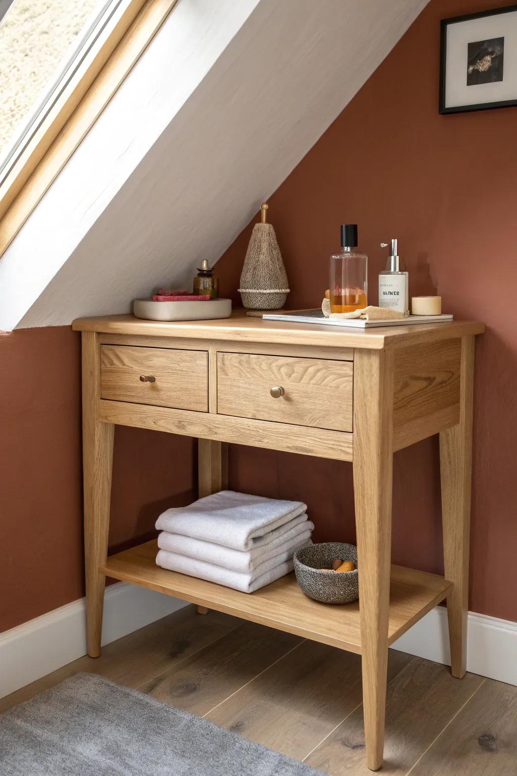 Tiny oak vanity with corner shelves—vertical storage that keeps the tabletop calm and chic.
