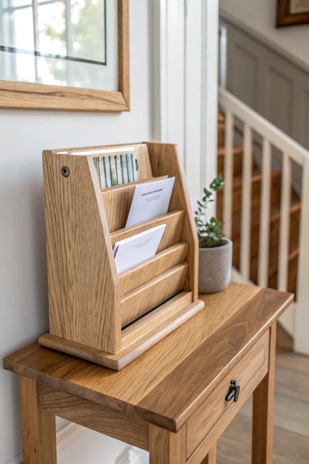 A slim wood mail sorter keeps papers upright—drop zone function with a styled tabletop.