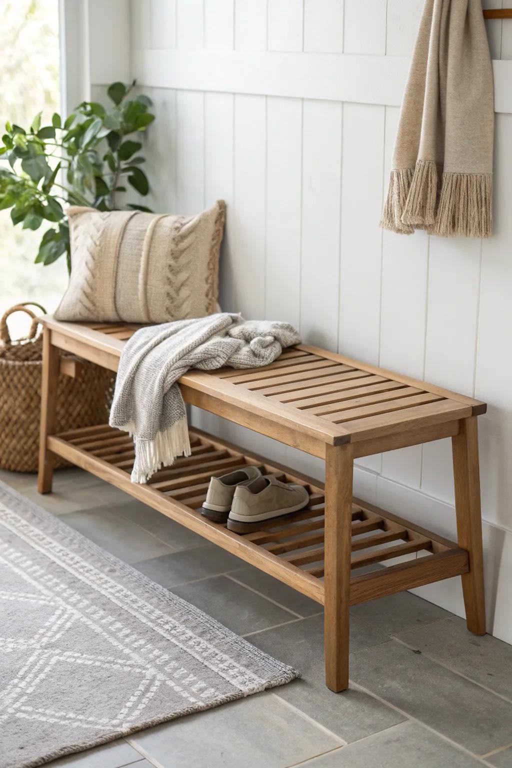 Airy slatted oak bench with a lower shelf—lightweight look, perfect for tight entryways.