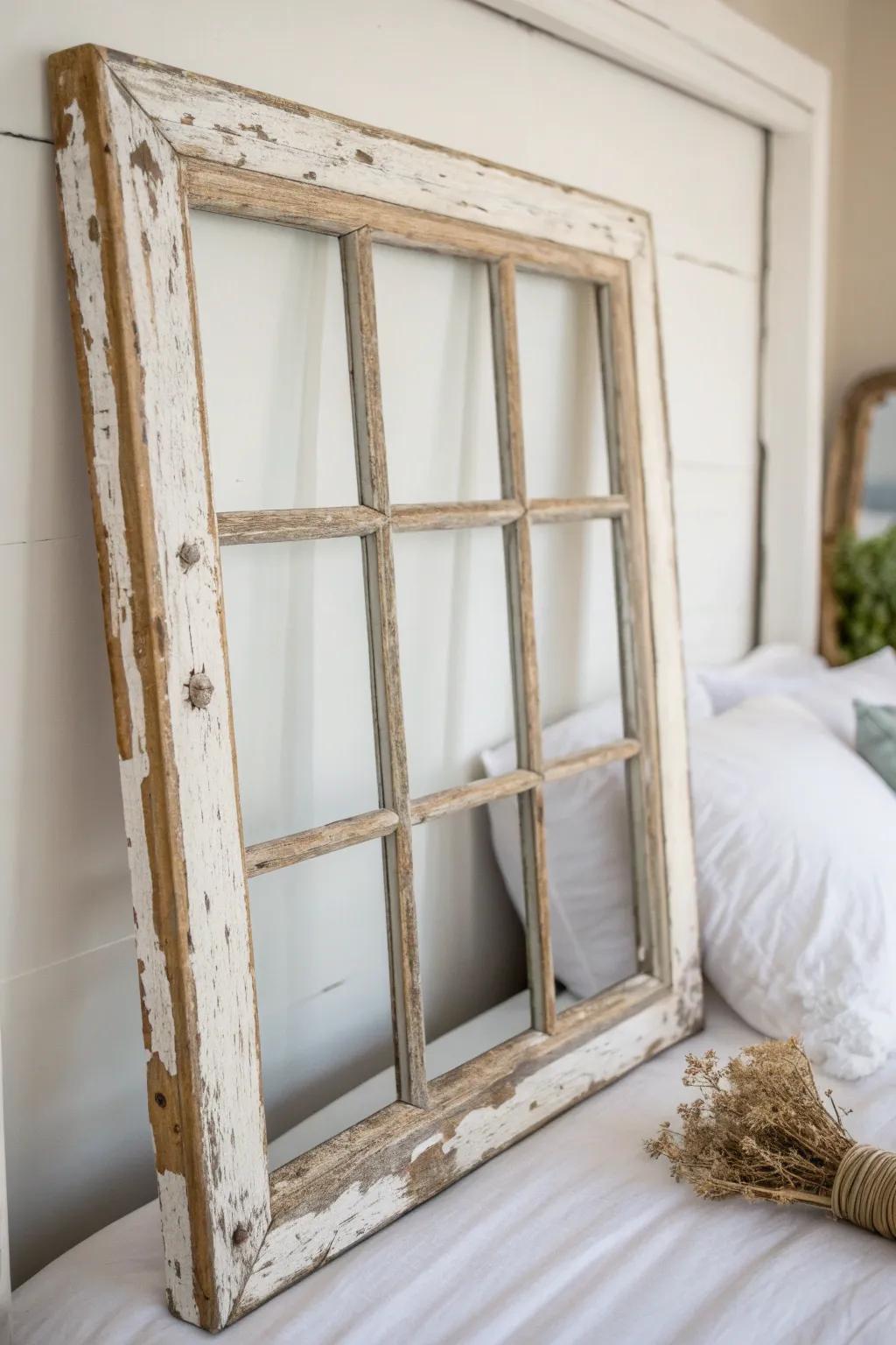 An old painted window frame above the bed adds farmhouse height and character—beautifully imperfect.
