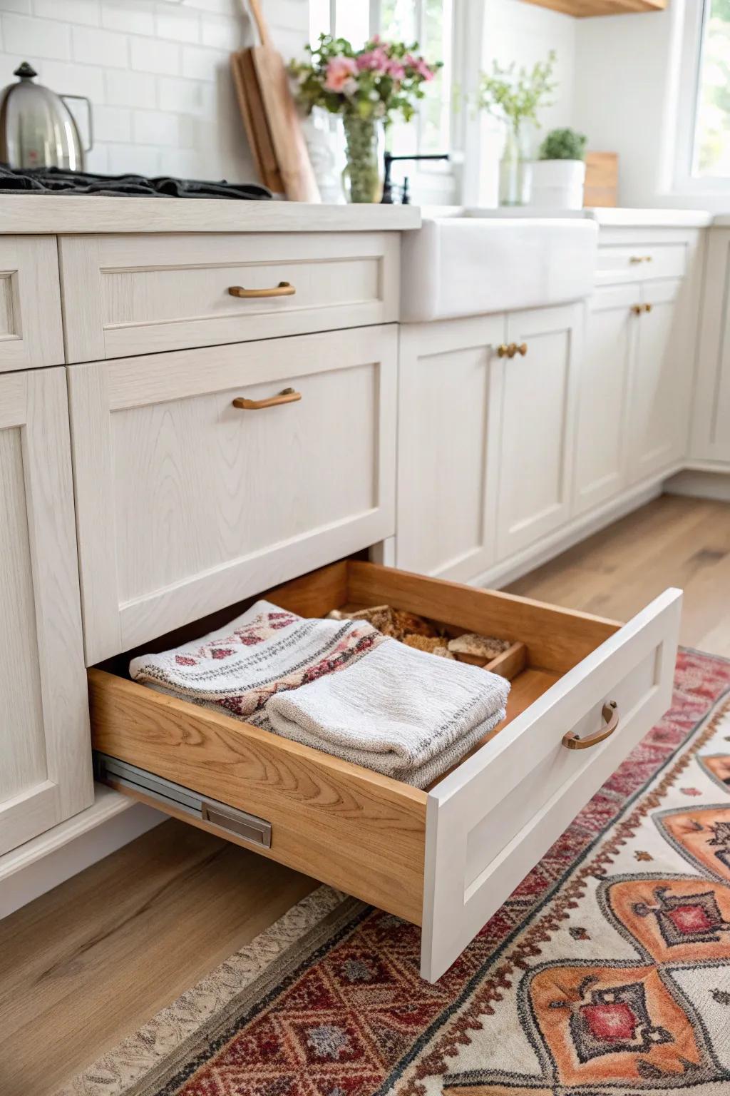 Hidden toe-kick drawer in oak: budget farmhouse storage for baking sheets and linens.