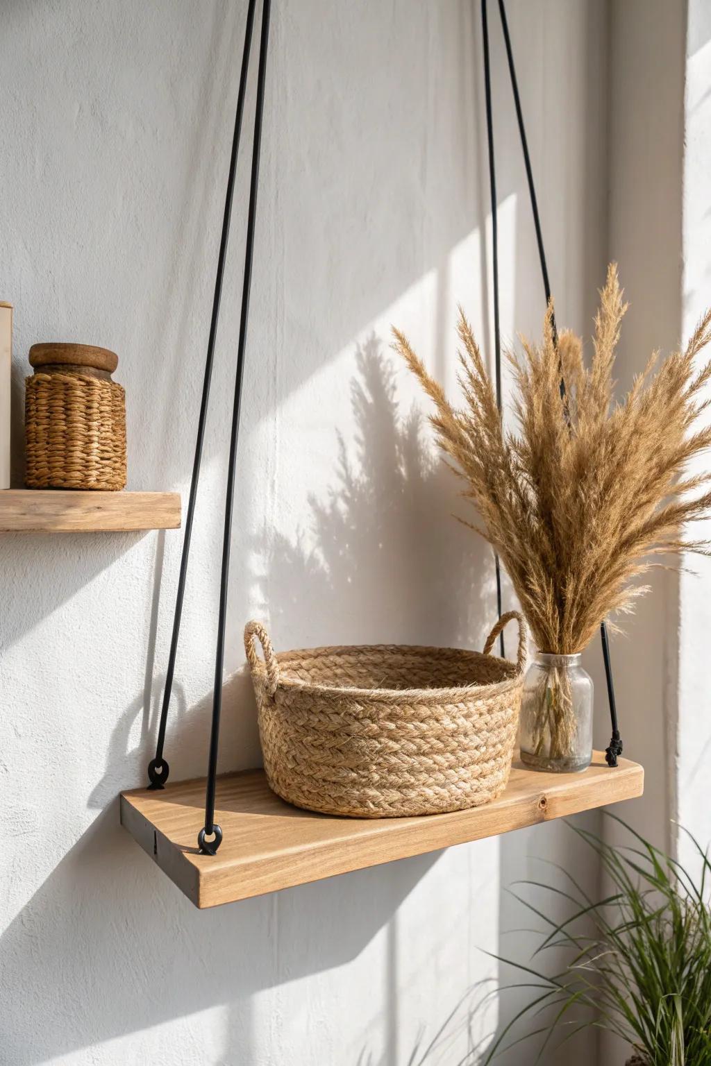 Ceiling-mounted shelf storage: a farmhouse office hack that adds space without clutter.