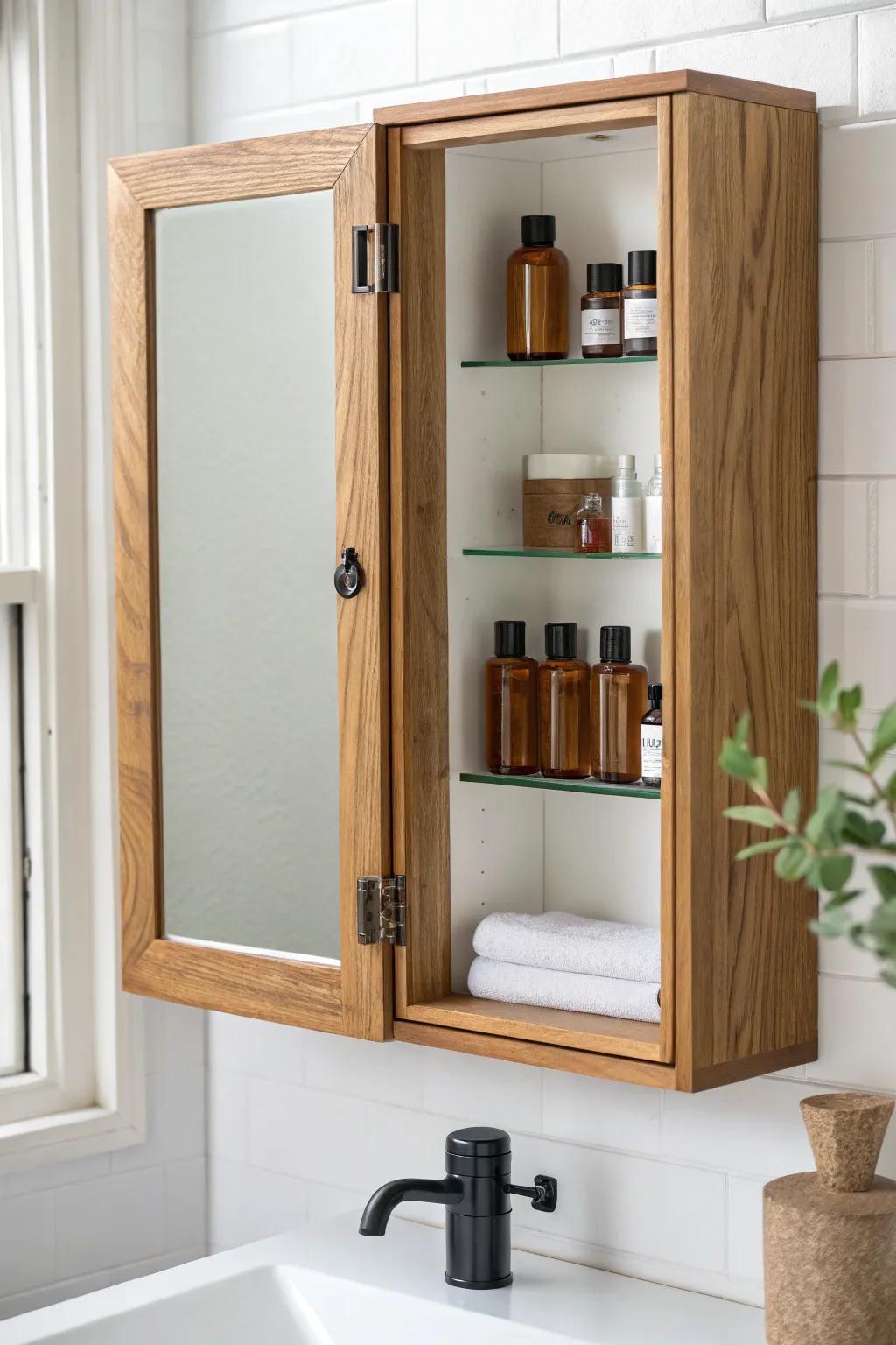 A wood-framed mirror that opens to hidden storage—modern farmhouse style with clean contrast.