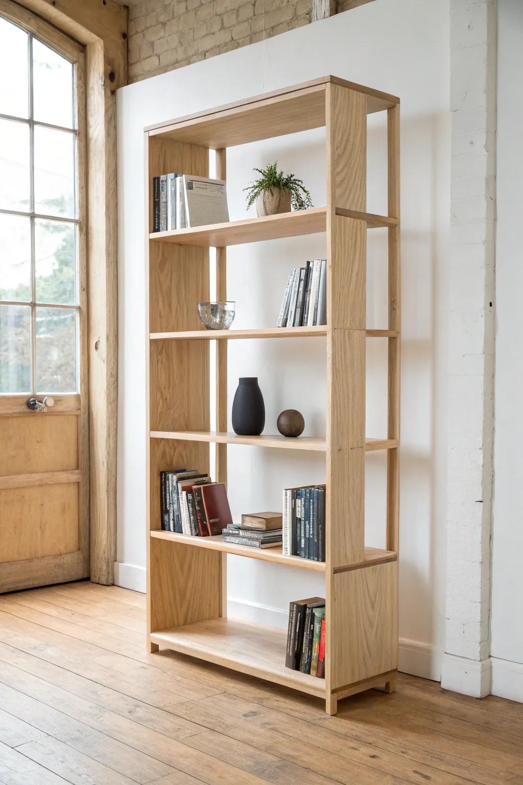 A two-sided bookcase divider that doubles storage and defines a cozy reading zone.